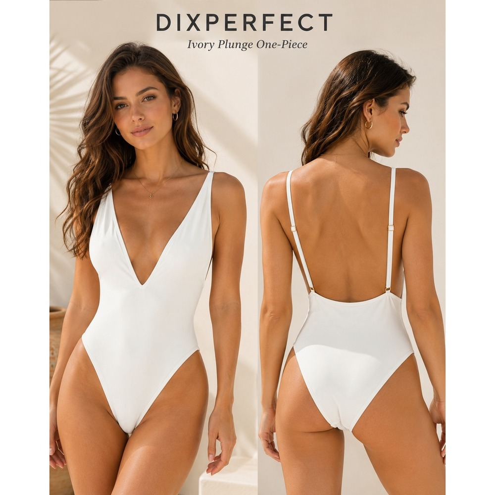 DIXPERFECT Deep V Sexy One-Piece Swimsuit Women Medium Ivory Plunge High Cut - Picture 1 of 8